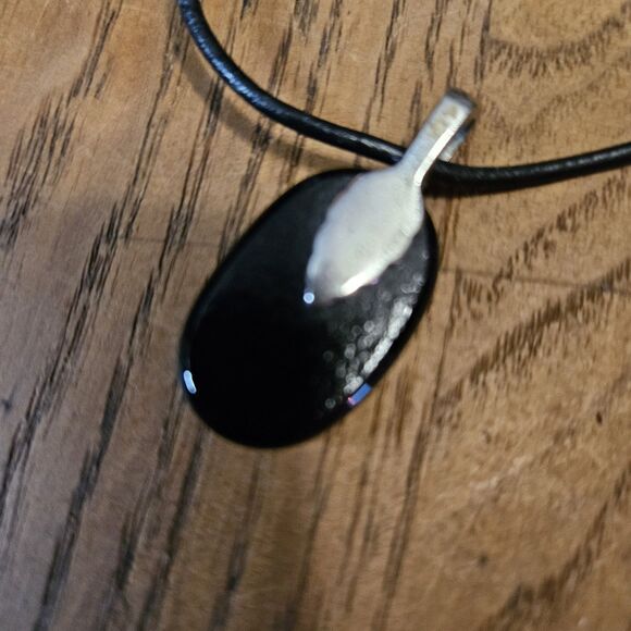 Women's Art Fused Black Glass Necklace With Gold Black String Silver Clasp Boho - Picture 6 of 10